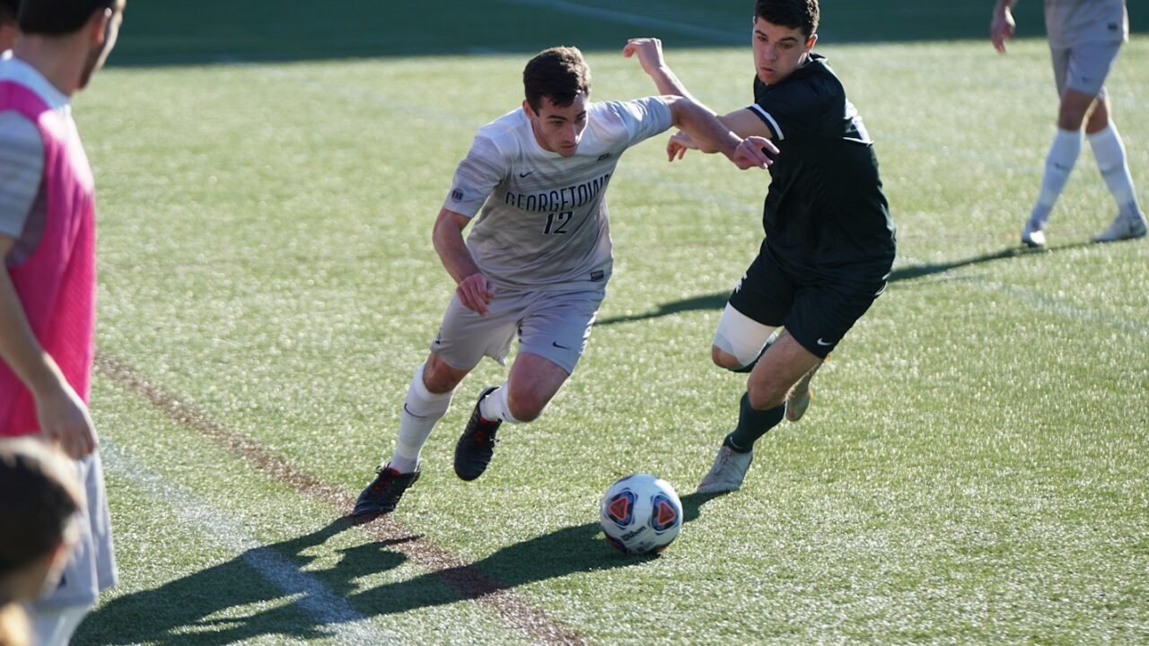 Two footballers contesting the ball on a grass pitch